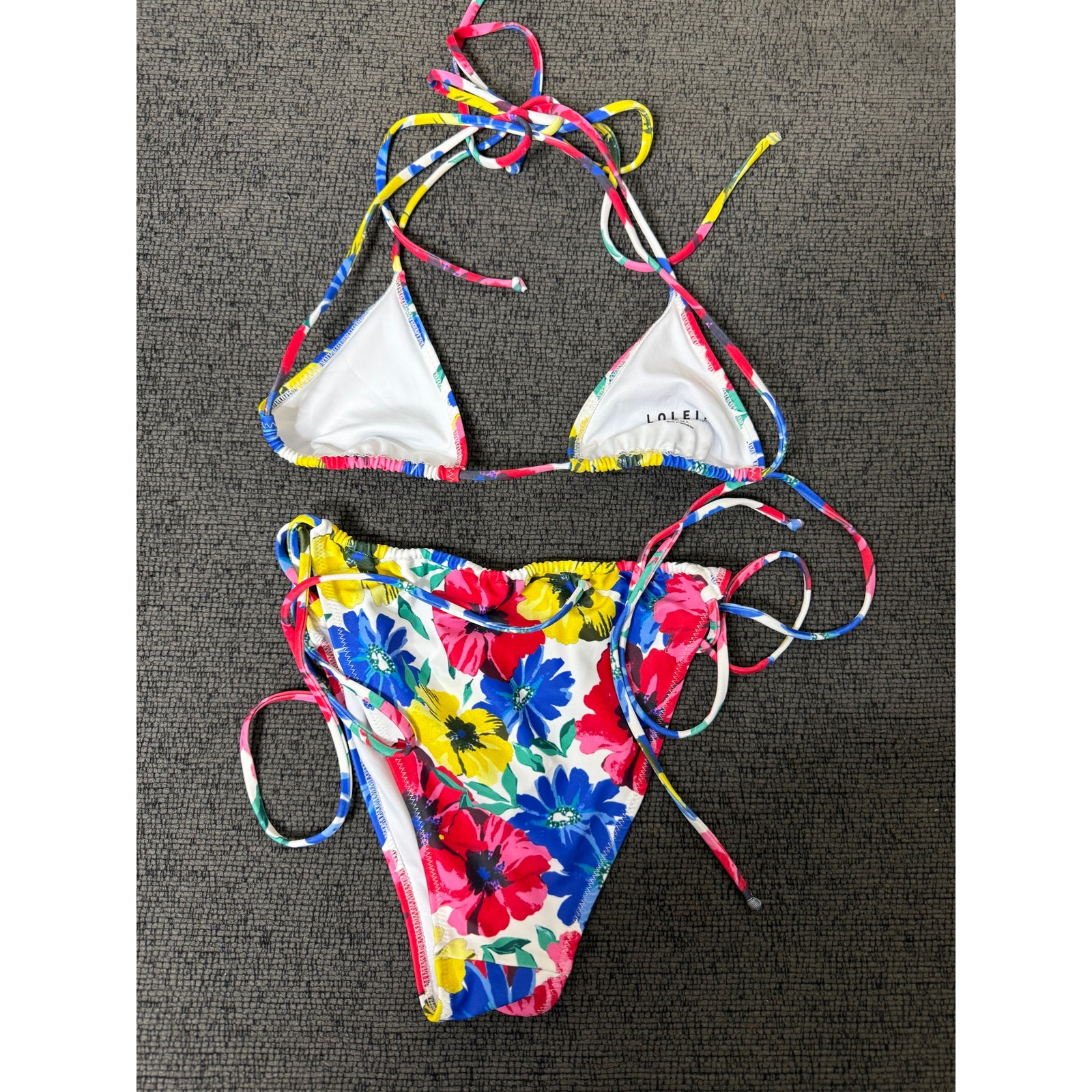 Loleia Floral Triangle String Bikini Set Tropical Resort Swim Top S Bottom L — image 2 of 8